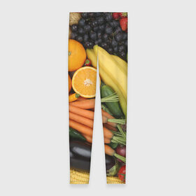 Леггинсы 3D с принтом Овощи и фрукты , 80% полиэстер, 20% эластан | Эластичный пояс, зауженные к низу, низкая посадка | апельсин | баклажан | банан | картофель | клубника | кукуруза | морковь | овощи | перец | фрукты | яблоки