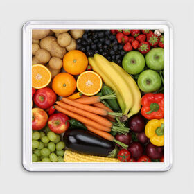 Магнит 55*55 с принтом Овощи и фрукты , Пластик | Размер: 65*65 мм; Размер печати: 55*55 мм | Тематика изображения на принте: апельсин | баклажан | банан | картофель | клубника | кукуруза | морковь | овощи | перец | фрукты | яблоки