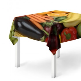 Скатерть 3D с принтом Овощи и фрукты , 100% полиэстер (ткань не мнется и не растягивается) | Размер: 150*150 см | апельсин | баклажан | банан | картофель | клубника | кукуруза | морковь | овощи | перец | фрукты | яблоки