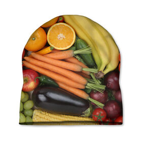 Шапка 3D с принтом Овощи и фрукты , 100% полиэстер | универсальный размер, печать по всей поверхности изделия | апельсин | баклажан | банан | картофель | клубника | кукуруза | морковь | овощи | перец | фрукты | яблоки