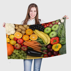 Флаг 3D с принтом Овощи и фрукты , 100% полиэстер | плотность ткани — 95 г/м2, размер — 67 х 109 см. Принт наносится с одной стороны | Тематика изображения на принте: апельсин | баклажан | банан | картофель | клубника | кукуруза | морковь | овощи | перец | фрукты | яблоки
