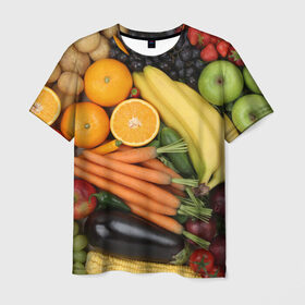 Мужская футболка 3D с принтом Овощи и фрукты , 100% полиэфир | прямой крой, круглый вырез горловины, длина до линии бедер | апельсин | баклажан | банан | картофель | клубника | кукуруза | морковь | овощи | перец | фрукты | яблоки
