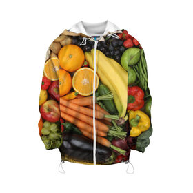 Детская куртка 3D с принтом Овощи и фрукты , 100% полиэстер | застежка — молния, подол и капюшон оформлены резинкой с фиксаторами, по бокам — два кармана без застежек, один потайной карман на груди, плотность верхнего слоя — 90 г/м2; плотность флисового подклада — 260 г/м2 | Тематика изображения на принте: апельсин | баклажан | банан | картофель | клубника | кукуруза | морковь | овощи | перец | фрукты | яблоки