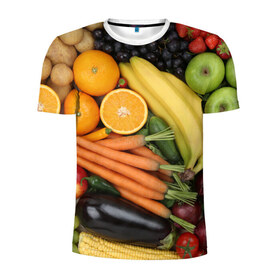 Мужская футболка 3D спортивная с принтом Овощи и фрукты , 100% полиэстер с улучшенными характеристиками | приталенный силуэт, круглая горловина, широкие плечи, сужается к линии бедра | Тематика изображения на принте: апельсин | баклажан | банан | картофель | клубника | кукуруза | морковь | овощи | перец | фрукты | яблоки