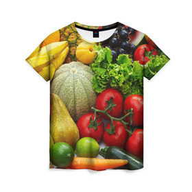 Женская футболка 3D с принтом Богатый урожай , 100% полиэфир ( синтетическое хлопкоподобное полотно) | прямой крой, круглый вырез горловины, длина до линии бедер | апельсин | баклажан | банан | богатый урожай | виноград | горох | еда | кабачок | капуста | картофель | лимон | морковь | овощи | огурец | перец | персик | помидор | слива | сочные плоды | томат | тыква