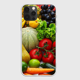 Чехол для iPhone 12 Pro с принтом Богатый урожай , силикон | область печати: задняя сторона чехла, без боковых панелей | Тематика изображения на принте: апельсин | баклажан | банан | богатый урожай | виноград | горох | еда | кабачок | капуста | картофель | лимон | морковь | овощи | огурец | перец | персик | помидор | слива | сочные плоды | томат | тыква