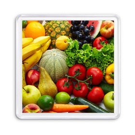 Магнит 55*55 с принтом Богатый урожай , Пластик | Размер: 65*65 мм; Размер печати: 55*55 мм | апельсин | баклажан | банан | богатый урожай | виноград | горох | еда | кабачок | капуста | картофель | лимон | морковь | овощи | огурец | перец | персик | помидор | слива | сочные плоды | томат | тыква