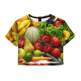 Женская футболка 3D укороченная с принтом Богатый урожай , 100% полиэстер | круглая горловина, длина футболки до линии талии, рукава с отворотами | апельсин | баклажан | банан | богатый урожай | виноград | горох | еда | кабачок | капуста | картофель | лимон | морковь | овощи | огурец | перец | персик | помидор | слива | сочные плоды | томат | тыква