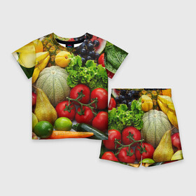Детский костюм с шортами 3D с принтом Богатый урожай ,  |  | Тематика изображения на принте: апельсин | баклажан | банан | богатый урожай | виноград | горох | еда | кабачок | капуста | картофель | лимон | морковь | овощи | огурец | перец | персик | помидор | слива | сочные плоды | томат | тыква