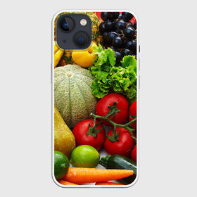 Чехол для iPhone 13 с принтом Богатый урожай ,  |  | Тематика изображения на принте: апельсин | баклажан | банан | богатый урожай | виноград | горох | еда | кабачок | капуста | картофель | лимон | морковь | овощи | огурец | перец | персик | помидор | слива | сочные плоды | томат | тыква