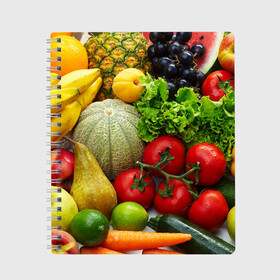 Тетрадь с принтом Богатый урожай , 100% бумага | 48 листов, плотность листов — 60 г/м2, плотность картонной обложки — 250 г/м2. Листы скреплены сбоку удобной пружинной спиралью. Уголки страниц и обложки скругленные. Цвет линий — светло-серый
 | Тематика изображения на принте: апельсин | баклажан | банан | богатый урожай | виноград | горох | еда | кабачок | капуста | картофель | лимон | морковь | овощи | огурец | перец | персик | помидор | слива | сочные плоды | томат | тыква