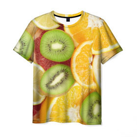 Мужская футболка 3D с принтом Сочные фрукты , 100% полиэфир | прямой крой, круглый вырез горловины, длина до линии бедер | апельсин | грейпфрут | десерт | дольки | киви | кусочки фруктов | лайм | лимон | разрез | сечение | фреш | фрукты | цитрусовые