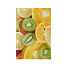 Обложка для паспорта матовая кожа с принтом Сочные фрукты , натуральная матовая кожа | размер 19,3 х 13,7 см; прозрачные пластиковые крепления | Тематика изображения на принте: апельсин | грейпфрут | десерт | дольки | киви | кусочки фруктов | лайм | лимон | разрез | сечение | фреш | фрукты | цитрусовые