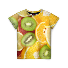 Детская футболка 3D с принтом Сочные фрукты , 100% гипоаллергенный полиэфир | прямой крой, круглый вырез горловины, длина до линии бедер, чуть спущенное плечо, ткань немного тянется | Тематика изображения на принте: апельсин | грейпфрут | десерт | дольки | киви | кусочки фруктов | лайм | лимон | разрез | сечение | фреш | фрукты | цитрусовые