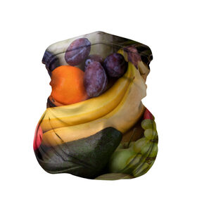 Бандана-труба 3D с принтом Спелые фрукты , 100% полиэстер, ткань с особыми свойствами — Activecool | плотность 150‒180 г/м2; хорошо тянется, но сохраняет форму | Тематика изображения на принте: ананас | арбуз | банан | богатый урожай | виноград | горох | груша | еда | капуста | картофель | лук | морковь | овощи | огурец | перец | персик | слива | сочные плоды | томат | фасоль | фрукты | яблоко