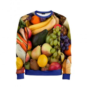 Детский свитшот 3D с принтом Спелые фрукты , 100% полиэстер | свободная посадка, прямой крой, мягкая тканевая резинка на рукавах и понизу свитшота | Тематика изображения на принте: ананас | арбуз | банан | богатый урожай | виноград | горох | груша | еда | капуста | картофель | лук | морковь | овощи | огурец | перец | персик | слива | сочные плоды | томат | фасоль | фрукты | яблоко