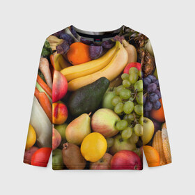 Детский лонгслив 3D с принтом Спелые фрукты , 100% полиэстер | длинные рукава, круглый вырез горловины, полуприлегающий силуэт
 | Тематика изображения на принте: ананас | арбуз | банан | богатый урожай | виноград | горох | груша | еда | капуста | картофель | лук | морковь | овощи | огурец | перец | персик | слива | сочные плоды | томат | фасоль | фрукты | яблоко