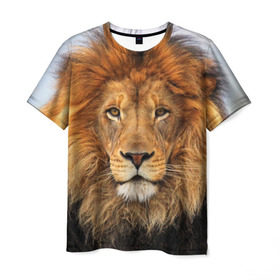 Мужская футболка 3D с принтом Красавец лев , 100% полиэфир | прямой крой, круглый вырез горловины, длина до линии бедер | Тематика изображения на принте: lion | грива | дикая кошка | добыча | животное | зверь | клыки | когти | король джунглей | лев | мясо | хищник | царь зверей