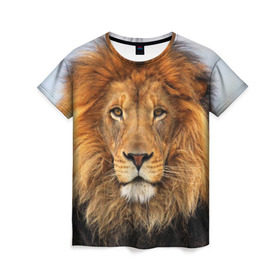 Женская футболка 3D с принтом Красавец лев , 100% полиэфир ( синтетическое хлопкоподобное полотно) | прямой крой, круглый вырез горловины, длина до линии бедер | lion | грива | дикая кошка | добыча | животное | зверь | клыки | когти | король джунглей | лев | мясо | хищник | царь зверей