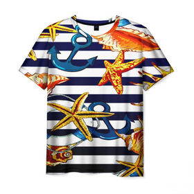 Мужская футболка 3D с принтом Моряк , 100% полиэфир | прямой крой, круглый вырез горловины, длина до линии бедер | звезда | полосы | ракушки | якорь