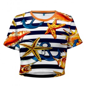 Женская футболка 3D укороченная с принтом Моряк , 100% полиэстер | круглая горловина, длина футболки до линии талии, рукава с отворотами | звезда | полосы | ракушки | якорь