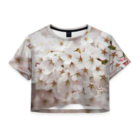 Женская футболка 3D укороченная с принтом Весеннее цветение , 100% полиэстер | круглая горловина, длина футболки до линии талии, рукава с отворотами | белый | весна | лепестки | прикольные картинки | цветочки | цветы