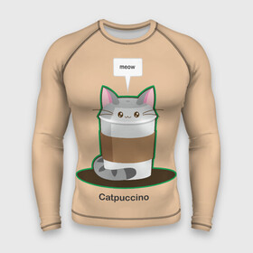 Мужской рашгард 3D с принтом Catpuccino ,  |  | Тематика изображения на принте: capuccino | cat | catpuccino | meow | капуччино | кот | котпуччино | кофе | мяу | стакан