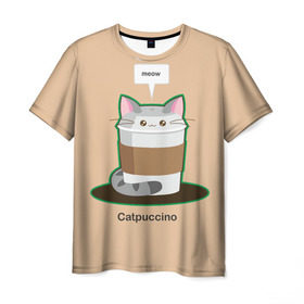 Мужская футболка 3D с принтом Catpuccino , 100% полиэфир | прямой крой, круглый вырез горловины, длина до линии бедер | capuccino | cat | catpuccino | meow | капуччино | кот | котпуччино | кофе | мяу | стакан