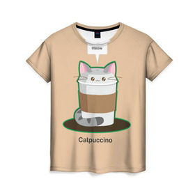 Женская футболка 3D с принтом Catpuccino , 100% полиэфир ( синтетическое хлопкоподобное полотно) | прямой крой, круглый вырез горловины, длина до линии бедер | capuccino | cat | catpuccino | meow | капуччино | кот | котпуччино | кофе | мяу | стакан