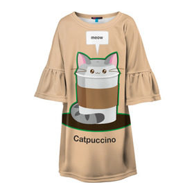 Детское платье 3D с принтом Catpuccino , 100% полиэстер | прямой силуэт, чуть расширенный к низу. Круглая горловина, на рукавах — воланы | Тематика изображения на принте: capuccino | cat | catpuccino | meow | капуччино | кот | котпуччино | кофе | мяу | стакан