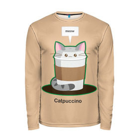Мужской лонгслив 3D с принтом Catpuccino , 100% полиэстер | длинные рукава, круглый вырез горловины, полуприлегающий силуэт | Тематика изображения на принте: capuccino | cat | catpuccino | meow | капуччино | кот | котпуччино | кофе | мяу | стакан