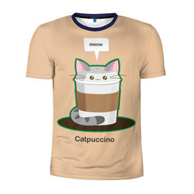 Мужская футболка 3D спортивная с принтом Catpuccino , 100% полиэстер с улучшенными характеристиками | приталенный силуэт, круглая горловина, широкие плечи, сужается к линии бедра | Тематика изображения на принте: capuccino | cat | catpuccino | meow | капуччино | кот | котпуччино | кофе | мяу | стакан
