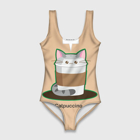 Купальник-боди 3D с принтом Catpuccino , 82% полиэстер, 18% эластан | Круглая горловина, круглый вырез на спине | capuccino | cat | catpuccino | meow | капуччино | кот | котпуччино | кофе | мяу | стакан