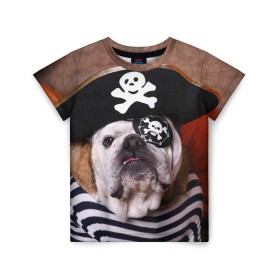 Детская футболка 3D с принтом Бульдог - пират , 100% гипоаллергенный полиэфир | прямой крой, круглый вырез горловины, длина до линии бедер, чуть спущенное плечо, ткань немного тянется | бульдог | бульдоги | песик | песики | пират | пираты | прикольные | собака | собаки