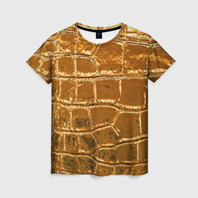 Женская футболка 3D с принтом Золотой Крокодил , 100% полиэфир ( синтетическое хлопкоподобное полотно) | прямой крой, круглый вырез горловины, длина до линии бедер | gold | texture | глянец | золото | кожа | крокодил | текстура