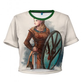Женская футболка 3D укороченная с принтом Лагерта , 100% полиэстер | круглая горловина, длина футболки до линии талии, рукава с отворотами | викинги