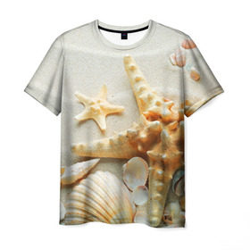 Мужская футболка 3D с принтом Морской пляж 5 , 100% полиэфир | прямой крой, круглый вырез горловины, длина до линии бедер | Тематика изображения на принте: море | морская звезда | песок | пляж | ракушки | туризм | турист