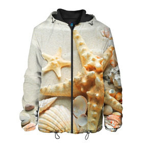 Мужская куртка 3D с принтом Морской пляж 5 , ткань верха — 100% полиэстер, подклад — флис | прямой крой, подол и капюшон оформлены резинкой с фиксаторами, два кармана без застежек по бокам, один большой потайной карман на груди. Карман на груди застегивается на липучку | Тематика изображения на принте: море | морская звезда | песок | пляж | ракушки | туризм | турист