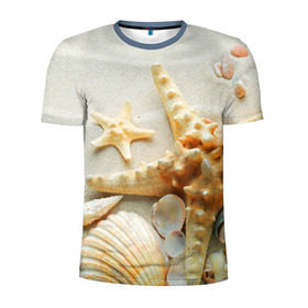 Мужская футболка 3D спортивная с принтом Морской пляж 5 , 100% полиэстер с улучшенными характеристиками | приталенный силуэт, круглая горловина, широкие плечи, сужается к линии бедра | море | морская звезда | песок | пляж | ракушки | туризм | турист