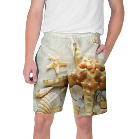 Мужские шорты 3D с принтом Морской пляж 5 ,  полиэстер 100% | прямой крой, два кармана без застежек по бокам. Мягкая трикотажная резинка на поясе, внутри которой широкие завязки. Длина чуть выше колен | Тематика изображения на принте: море | морская звезда | песок | пляж | ракушки | туризм | турист