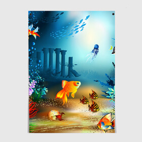 Постер с принтом Золотая рыбка , 100% бумага
 | бумага, плотность 150 мг. Матовая, но за счет высокого коэффициента гладкости имеет небольшой блеск и дает на свету блики, но в отличии от глянцевой бумаги не покрыта лаком | вода | водоросли | море | подводный мир | природа | рыба | рыбка | туризм