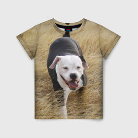 Детская футболка 3D с принтом Пит-буль на траве , 100% гипоаллергенный полиэфир | прямой крой, круглый вырез горловины, длина до линии бедер, чуть спущенное плечо, ткань немного тянется | амстафф | буль | пес | песик | питбули | питбуль | собака | собаки | стафф | терьер