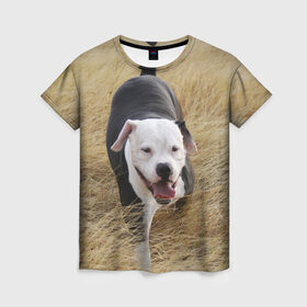 Женская футболка 3D с принтом Пит-буль на траве , 100% полиэфир ( синтетическое хлопкоподобное полотно) | прямой крой, круглый вырез горловины, длина до линии бедер | амстафф | буль | пес | песик | питбули | питбуль | собака | собаки | стафф | терьер