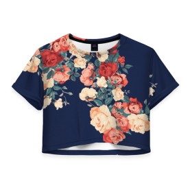 Женская футболка 3D укороченная с принтом Fashion flowers , 100% полиэстер | круглая горловина, длина футболки до линии талии, рукава с отворотами | fashion | flower | мода | фэшн | цветы