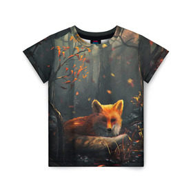 Детская футболка 3D с принтом Лиса , 100% гипоаллергенный полиэфир | прямой крой, круглый вырез горловины, длина до линии бедер, чуть спущенное плечо, ткань немного тянется | autum | forest | fox | лес | лиса | осень