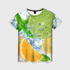Женская футболка 3D с принтом Вкус лета , 100% полиэфир ( синтетическое хлопкоподобное полотно) | прямой крой, круглый вырез горловины, длина до линии бедер | вода | еда | зима | искусство | лайм | лимон | листья | новинки | природа | солнце | фрукты