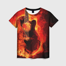 Женская футболка 3D с принтом Пылающая гитара , 100% полиэфир ( синтетическое хлопкоподобное полотно) | прямой крой, круглый вырез горловины, длина до линии бедер | 3d | гитара | металл | музыкальный инструмент | огонь | пламя | рок | стихия