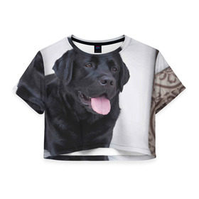 Женская футболка 3D укороченная с принтом Черный лабрадор , 100% полиэстер | круглая горловина, длина футболки до линии талии, рукава с отворотами | большая | золотистый | лабрадор | лабрадоры | палевый | песик | ретривер | собака | собаки