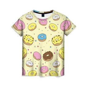 Женская футболка 3D с принтом Сладкие пончики , 100% полиэфир ( синтетическое хлопкоподобное полотно) | прямой крой, круглый вырез горловины, длина до линии бедер | Тематика изображения на принте: булочки | гомер симпсон | еда | пончики | сладости