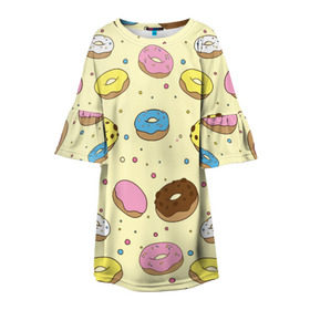 Детское платье 3D с принтом Сладкие пончики , 100% полиэстер | прямой силуэт, чуть расширенный к низу. Круглая горловина, на рукавах — воланы | булочки | гомер симпсон | еда | пончики | сладости